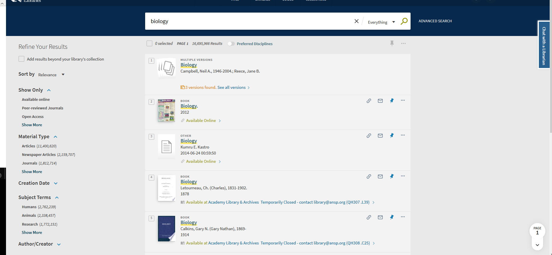 A screen capture of Primo VE search results page